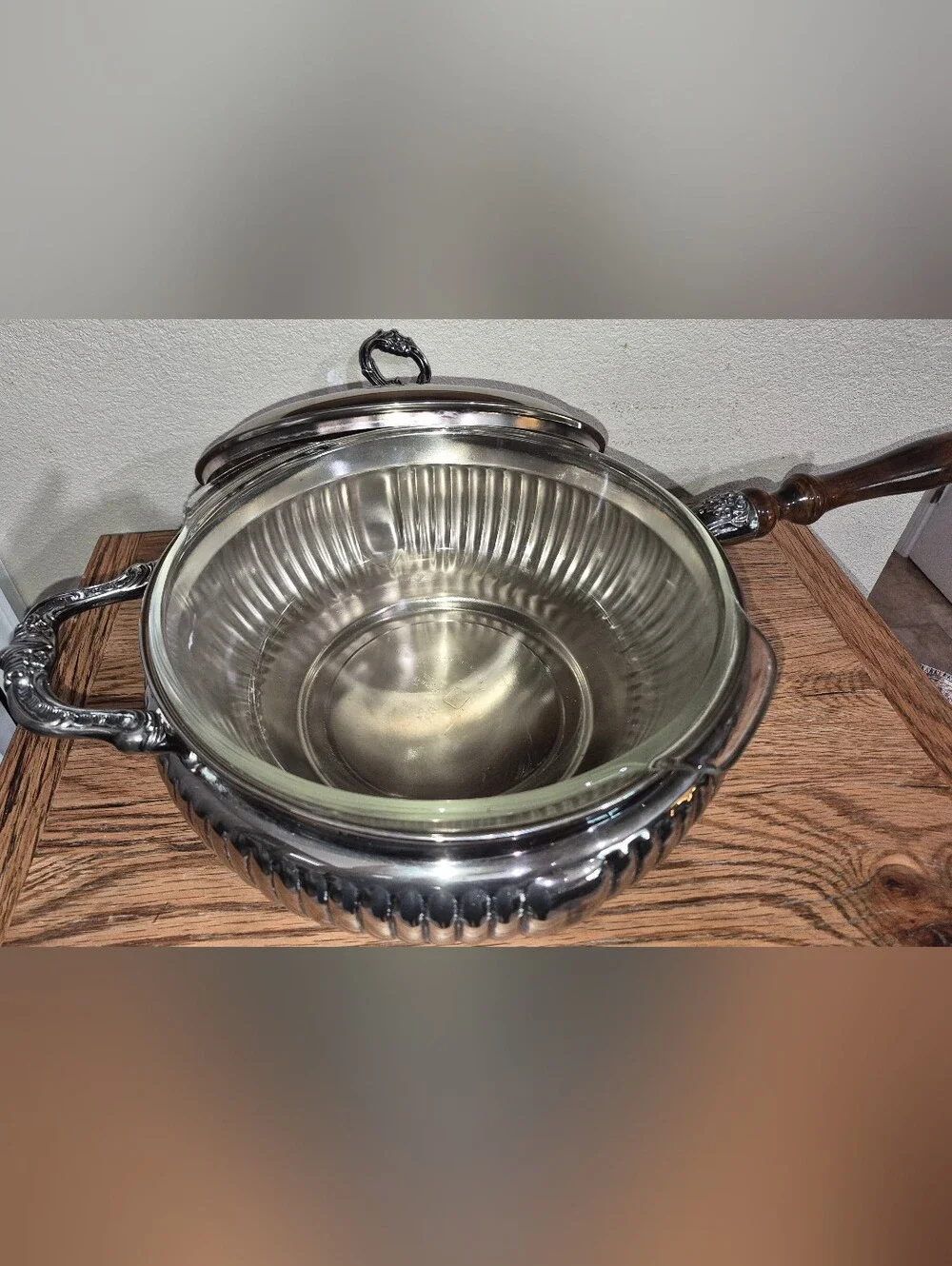 Vintage Silver-plated covered casserole or chafing dish w Insert & Wooden Handle